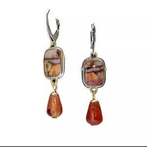 Silver and synthetic dendrite stone boho earthtone drop earrings new